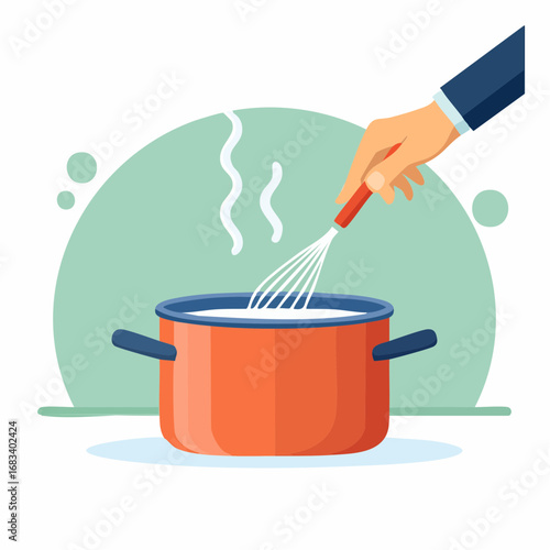 Hand Stirring Milk In Orange Pot