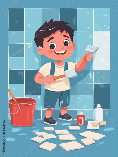  boy helper placing small tile with trowel and bucket of mortar nearby, naive cartoon poster, perfect for nursery wall art, children’s decor, packaging and printable DIY projects