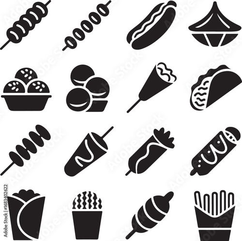 Set of sixteen black and white food and snack icons on white background kebab skewer