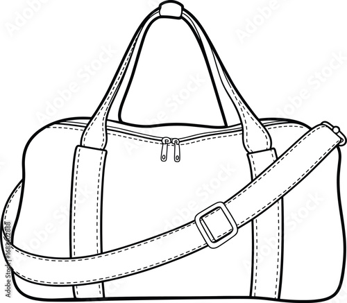 Duffel bag vector, fashion accessory sketch, technical product drawing, shoulder strap detail, zipper top view, CAD illustration, flat design