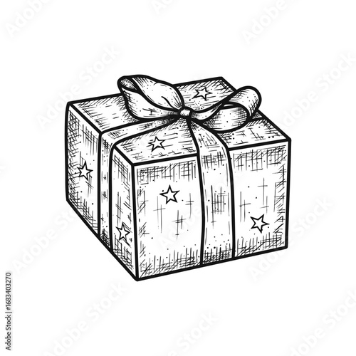 Hand drawn gift box with bow. Vector illustration