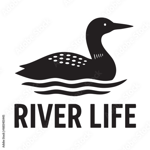 Black silhouette of a loon swimming on wavy water with the words river life below