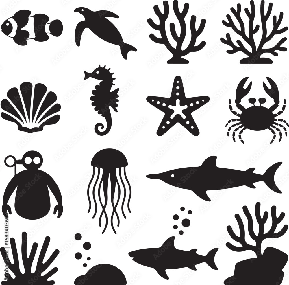 Naklejka premium Marine life and underwater elements including fish, coral, and sea creatures ocean