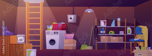 Basement room interior vector flat illustration, cartoon storage home cellar with wooden stairs, old furniture and stuff