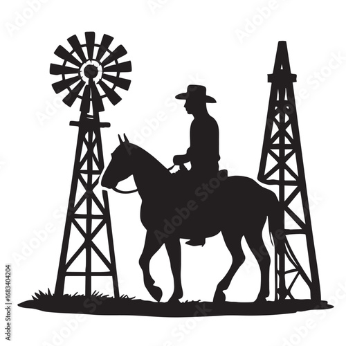 Silhouette of a cowboy on horseback riding past a windmill and an oil derrick in a rural landscape