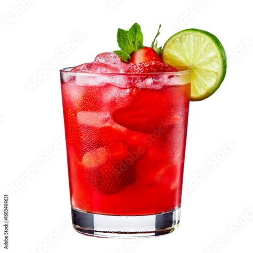 Strawberry Flavored Caipirinha in Glass with Fruit Garnish, Front View, Isolated.