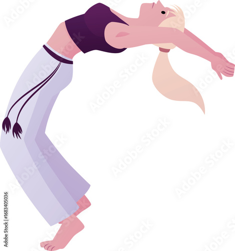 Young woman doing capoeira defensive pose, performing exercise, vector flat Brazilian Capoeira dance and fight sport