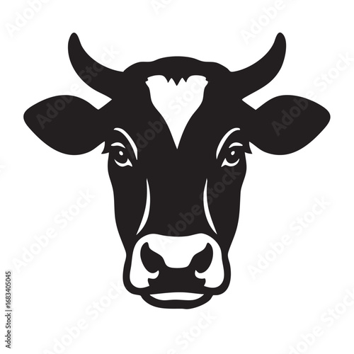Stylized black silhouette of a holstein friesian cow head with white markings on a white background