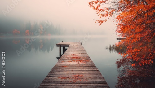 Misty autumn lake with wooden pier