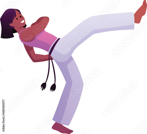 Young woman doing capoeira acrobatic exercise, Brazilian Capoeira dance and fight sport, vector flat character leg kick