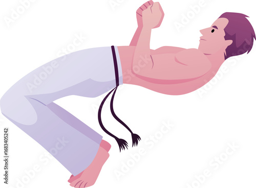 Young man doing capoeira defensive pose, performing exercise, vector flat Brazilian Capoeira dance and fight sport