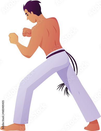 Young man doing capoeira kick pose, performing defensive exercise, vector flat Brazilian Capoeira dance and fight sport