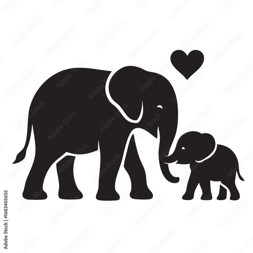 Fototapeta premium Silhouette of a mother elephant and her baby calf walking together with a heart symbol above them