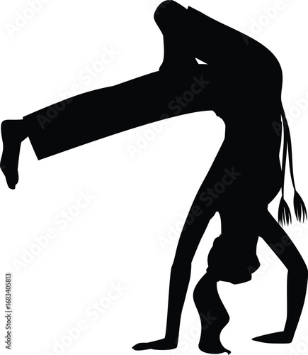 Young woman doing capoeira handstand performing acrobatic exercise, vector dance and fight sport black silhouette