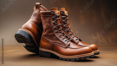 Pair of brown leather boots on brown surface