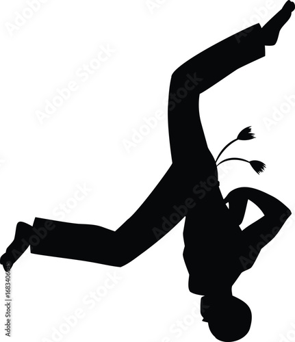 Young man doing capoeira upside down pose in air black silhouette, vector Brazilian dance and fight sport, martial art