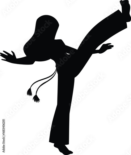 Woman doing capoeira acrobatic exercise vector black silhouette, Brazilian Capoeira dance and fight sport, leg kick pose