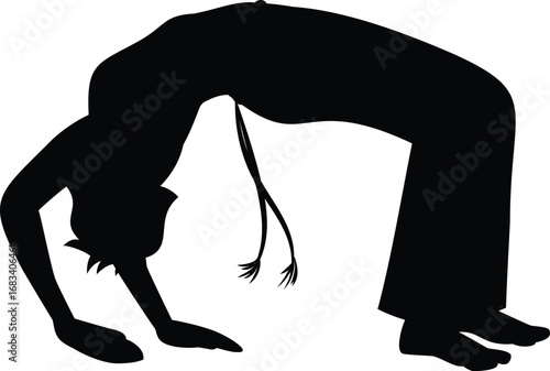 Young man doing capoeira stand bridge, performing acrobatic exercise, vector Brazilian Capoeira dance black silhouette