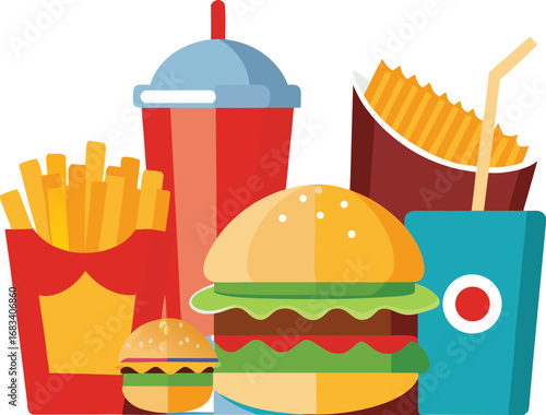 Fast Food Vector Illustration Burger, French Fries and Soda Drink Combo