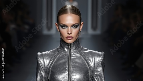 Futuristic runway model metallic silver makeup dramatic lighting sleek modern fashion
