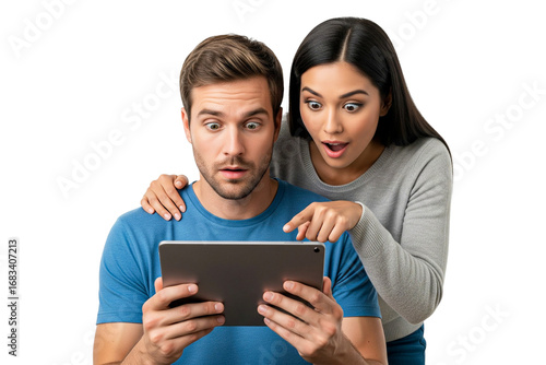 young couple with tablet computer on white