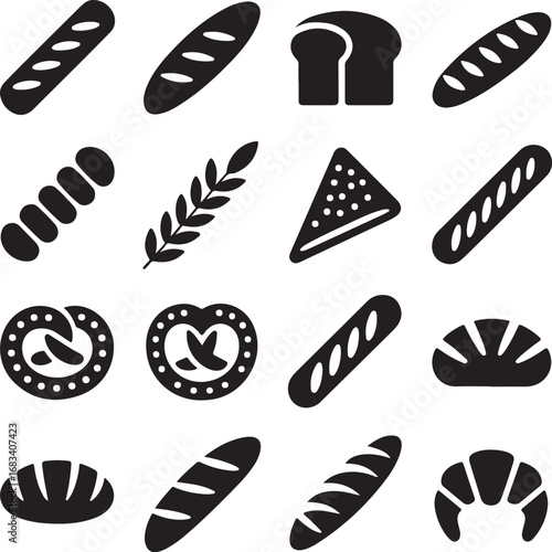 Assortment of black and white bakery and bread icons on white background baguette loaf