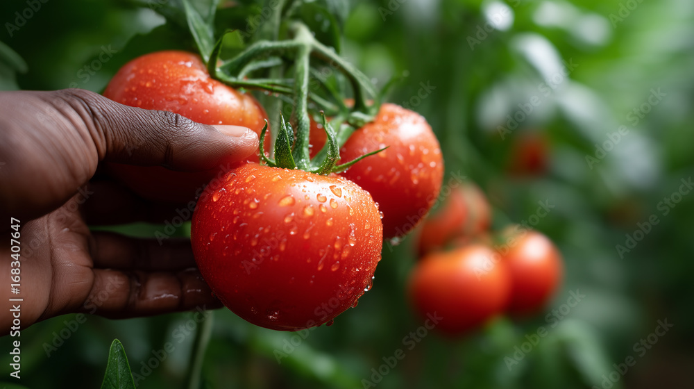 Obraz premium Fresh red tomatoes with water droplets on organic farm
