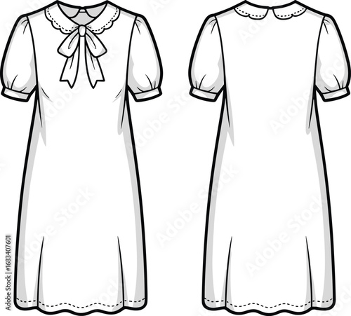 Vintage short sleeve dress with peter pan collar, ribbon bow tie, puff sleeves, scalloped hemline, front and back view, vector illustration, CAD drawing