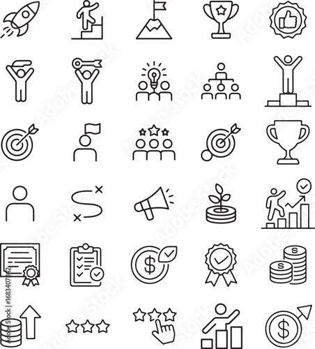 Corporate Achievement Vector Icon Collection - Leadership, teamwork, trophy, award, growth, Business plan, finance, recognition, rating, profit