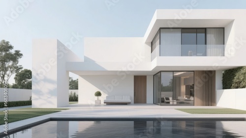 Modern minimalist house with a sleek design, featuring large windows and a private pool.