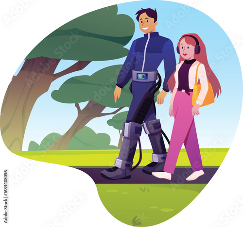 Young woman walking with boyfriend robotic person with mechanized legs, futuristic smart city vector flat illustration