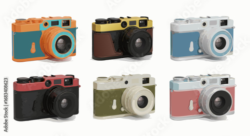 Colorful Flat Vector SVG Icon Set of Retro Cameras with Geometric Shapes and Minimalist Style in Bright Colors