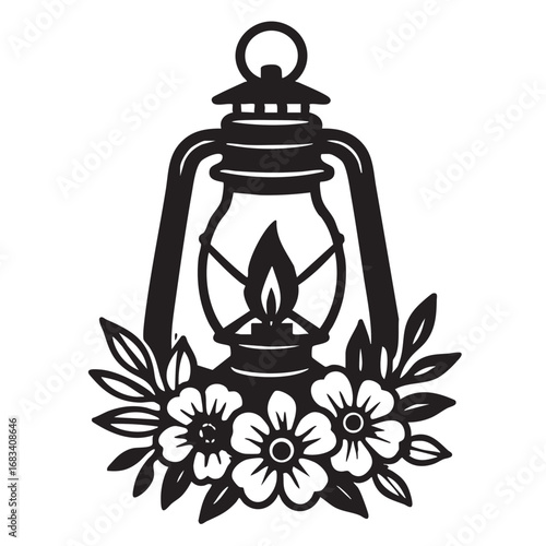 Vintage kerosene lantern with blooming flowers and leaves in a rustic decorative silhouette design