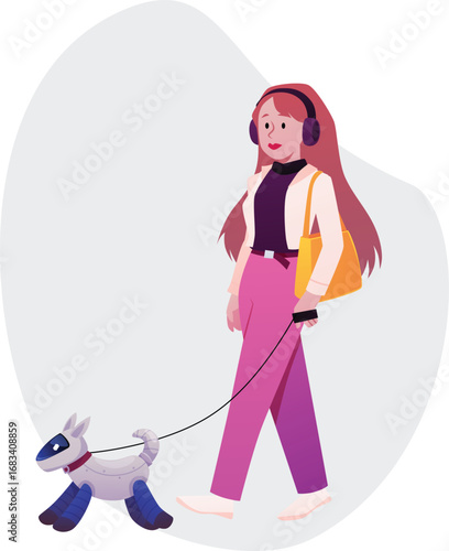 Young woman walk with robotic dog on a leash, smart city, vector owner and artificial intelligence machine animal pet