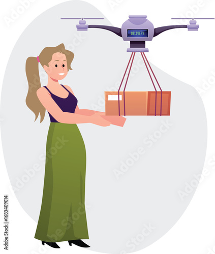 Robotic quadcopter delivers post package to the woman, vector robot drone carrying cargo smart transportation technology