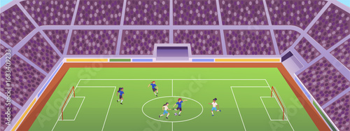 Football soccer kids players match at the stadium, vector athletes in uniform competition match, league workout arena