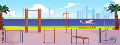 Street workout area vector flat illustration, cartoon physical activity sport equipment on the river shore and cityscape
