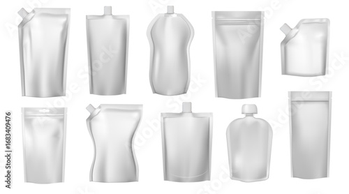 Pouch package. Sauce daypack. Bottle cap or food sachet. Shampoo dry pack. Blank clear detergent bag. Container pack. Merchandise packet. Disposable wrapper. Vector packaging mockups set