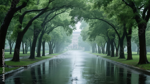 Wet and Slippery Tree-lined Avenue with Reflections After Rain, Serene Campus Background