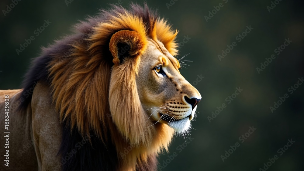 Obraz premium A lion with a lush mane, in profile, against a dark background.