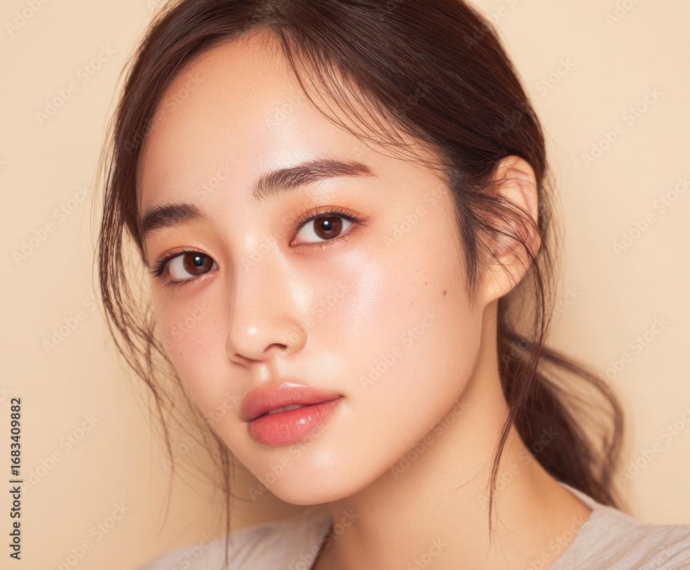 Fototapeta premium A close-up portrait of a young woman with flawlessly smooth skin and subtle makeup, showcasing a serene and radiant expression against a soft beige backdrop.