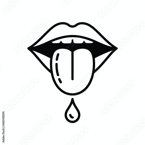 Black and white illustration of a mouth with tongue out and dropping saliva