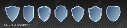 Protect shield. 3D clear glass secure guard. Safety badge. Crystal safeguard. Protective immune. Antivirus defense. Plexiglass armor on transparent background. Vector protection icons set