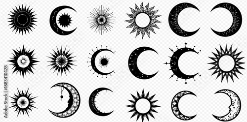 Collection of stylized sun and moon illustrations in black and white, featuring various designs and celestial elements.