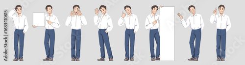 Man in shirt. Handsome businessman person. Male standing in jeans. Happy business employee showing placard. Face emotion expressions and gestures. Professional worker. Vector poses set