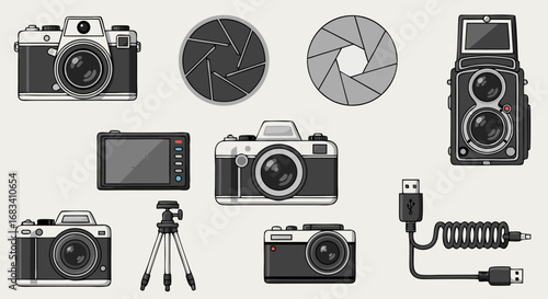 Vector SVG Icon Set of Camera and Photography Equipment in Modern Flat Style with Monochrome Gray Palette