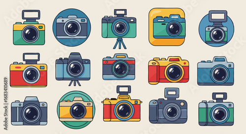 Flat lay of various colorful camera icons on a beige background