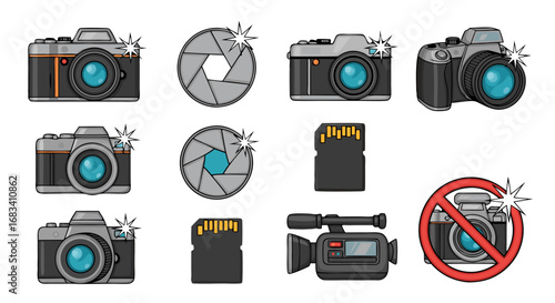 Vector SVG Camera Icon Set with Photographic Elements in Modern Flat Style with Blue Accents
