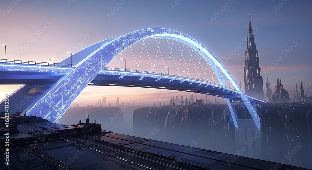 Obraz premium Futuristic illuminated bridge with advanced architectural design in a sci-fi city skyline