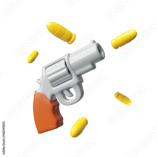 Revolver, retro handgun with bullets 3D cartoon plastic style, vector render game weapon toy, Colt revolver gun